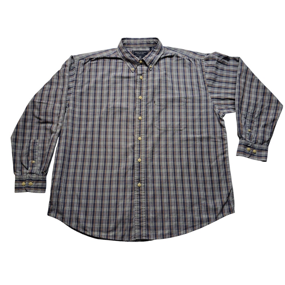 American‎ Eagle Button Down Mens XL Blue Plaid Good Long Sleeve Cotton Pocket